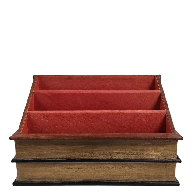 Wood Vintage Trompe L’Oeil Leather-Look Faux Book Desk Organizer & Letter Tray - Pair For Sale - Image 7 of 12