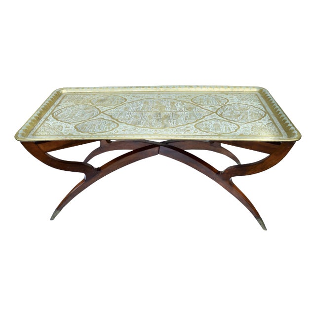 Early 20th Century Handmade Babylonian-Patterned Brass Tray Accent Table For Sale