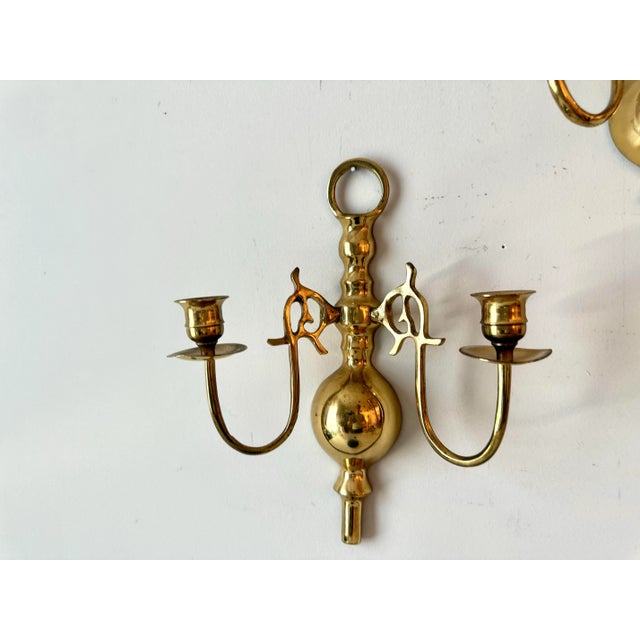 Brass Brass Double Arm Candlestick Sconces - A Pair For Sale - Image 8 of 8