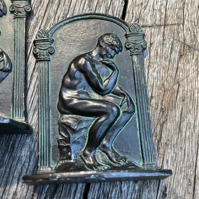Traditional 1950’s Bronzed Finished Steel Bookends “The Thinker” a Pair For Sale - Image 3 of 5