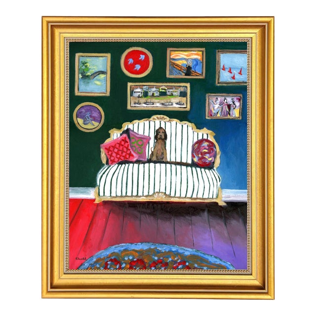 Hockney Inspired Pup on Green Striped Sofa Interior Room Portrait Oil Painting by Alexandra Swistak For Sale
