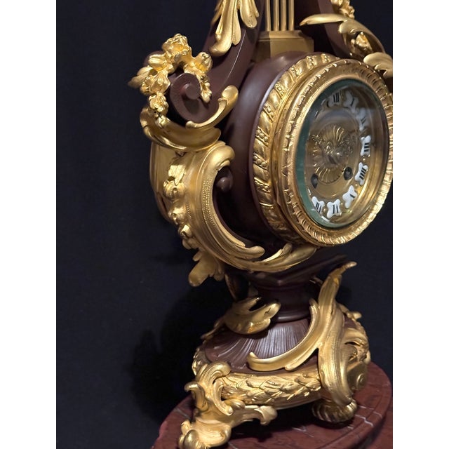 1840-1860 French Bronze Lyre Clock Louis XVI Style, Bronze/Marble For Sale - Image 13 of 18