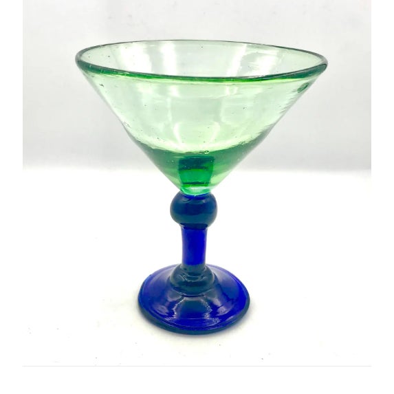 Mexican Vintage Mexican Handblown Green & Cobalt Blue Margarita Glasses — Set of 4 For Sale - Image 3 of 5