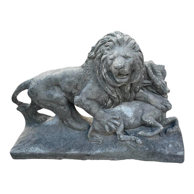 Vintage Cast Stone Sculpture of a Lion Attacking an Antelope For Sale