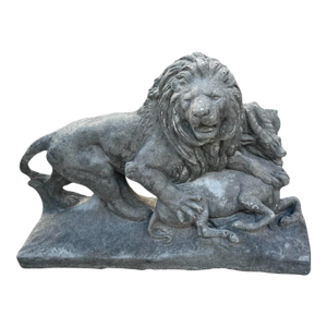 Vintage Cast Stone Sculpture of a Lion Attacking an Antelope