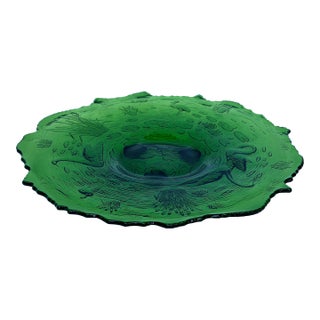 Vintage Large Green Glass Centerpiece Footed Serving Tray Platter With Pond Scene of Swans Lily Pads Cattails For Sale