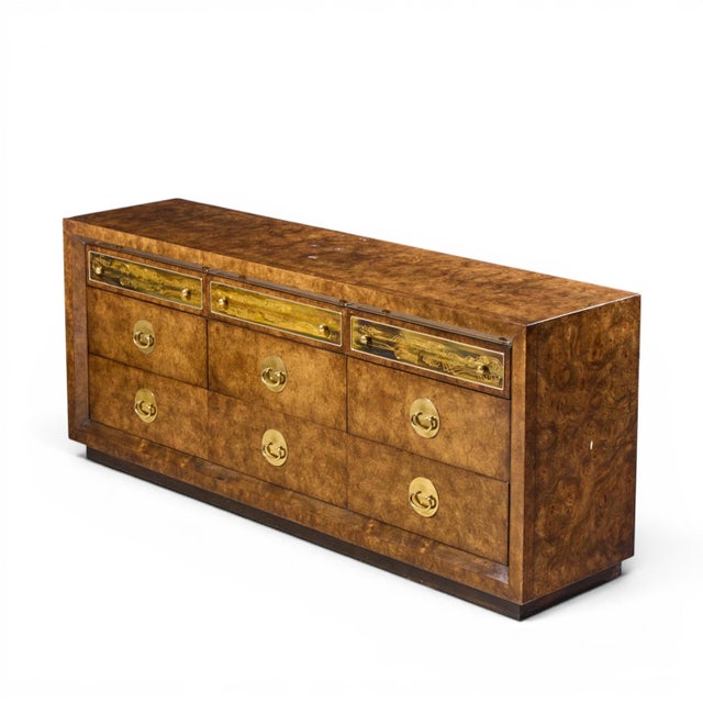 Brown Bernhard Rohne for Mastercraft Mid Century Burlwood and Acid Etched Brass Dresser For Sale - Image 8 of 8