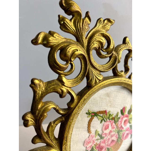 Art Nouveau Vintage Italian Floral Embroidery Metal Frame For Sale - Image 3 of 5