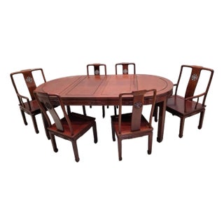 Vintage Asian Rosewood Carved Longevity Extending Dining Table and 8 Chairs For Sale