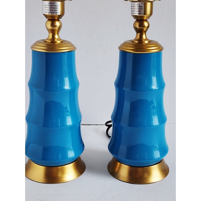 2000 - 2009 Bamboo Form Gilded Turquoise Porcelain Table Lamps - A Pair For Sale - Image 5 of 12