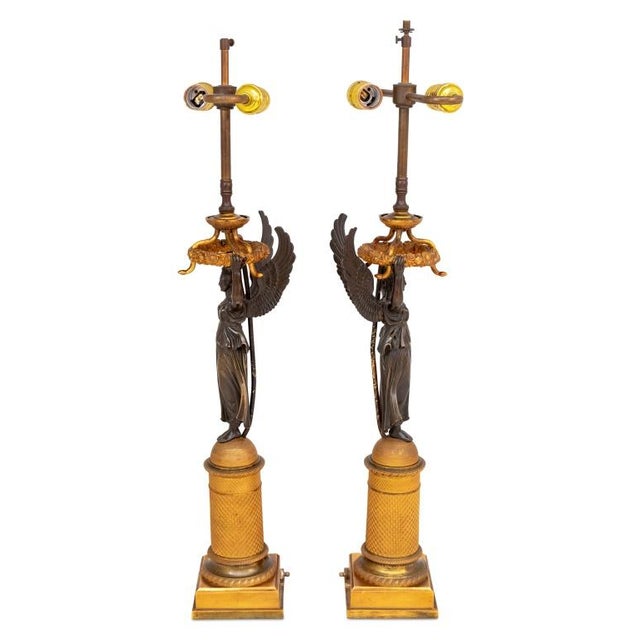 Pair of French Empire "Winged Victory" Bronze Lamps For Sale - Image 4 of 4