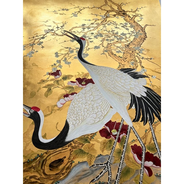 Hand Painted Gold Leaf Wallpaper With Birds & Floral Chinoiserie Design, Luxury Oriental Wallcovering, Custom Made Decorative Wall Mural For Sale - Image 10 of 13