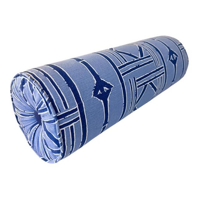 Clean, graphic, and very Palm Beach. Custom bolster pillow made in Thibaut’s “Shoji Panel” — a beautiful blue and navy...
