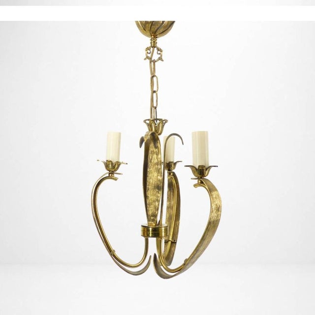 Gold Art Deco Style 3-Arm Chandelier in Gilded Brass, with Foliage and Scroll Motifs, 1950 For Sale - Image 8 of 8