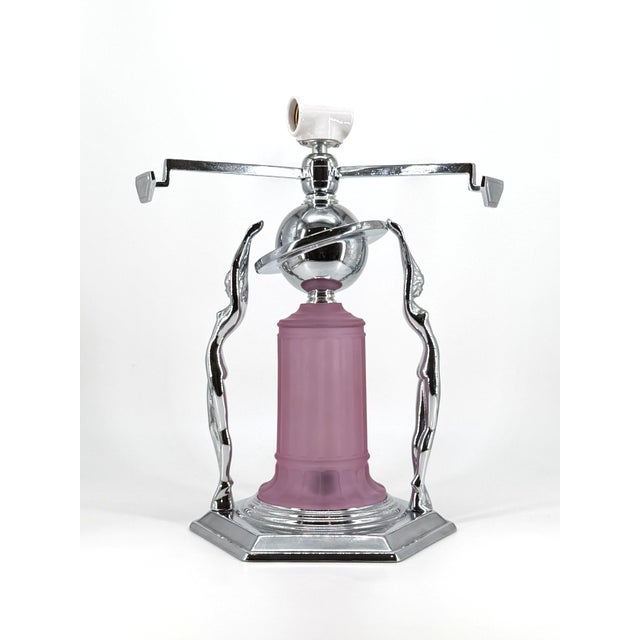 Art Deco 1980s Art Deco Frankart Style Chrome Table Lamp Pink Vianne Frosted Glass Nude Lady For Sale - Image 3 of 18