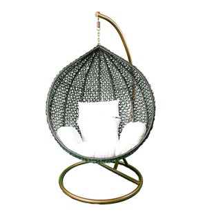 Hanging Black Rattan Chair White Cushions For Sale