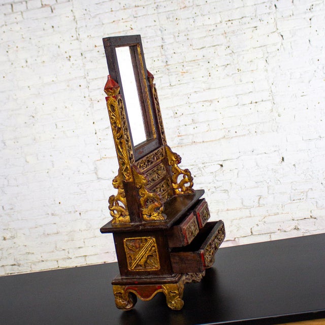 Asian Late 19th to 20th Century Indonesian Maduran Tabletop Jewelry Case or Vanity Mirror W/Chest For Sale - Image 3 of 18