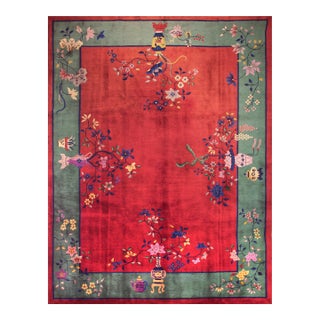 1920s Red Vase Floral Antique Chinese Art Deco Rug 9' X 11'9" Handknotted Wool Carpet For Sale
