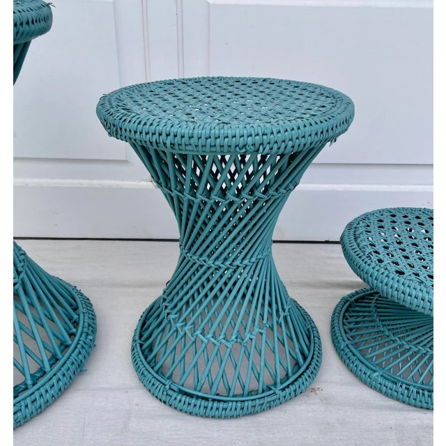 1970s Set of 3 Wicker Rattan Cane Woven Teal Blue Pedestal Stools For Sale - Image 5 of 10