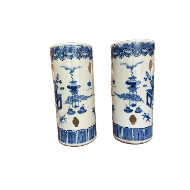 Asian 19thC. Pair of Late Qing Blue and White Hat Stands For Sale - Image 3 of 7