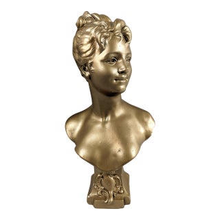 Vintage Gilt Composition Bust "Lys" After Emile Pinedo, French Art Nouveau Revival Sculpture For Sale