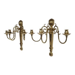 Vintage Large Brass 3 Candlestick Candle Holder Wall Sconces - a Pair For Sale