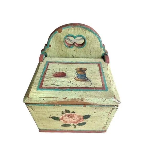 Wood Early 1900s Painted Sewing Box Mountain Chalet Decor For Sale - Image 7 of 11