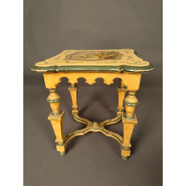 Printmaking Materials Pair of French Louis XVI Style Polychrome Side Tables With Painted Country Manor Tops, Circa 1920 For Sale - Image 7 of 12