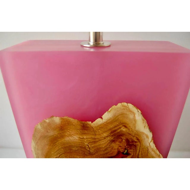 Contemporary Orchid Pink Resin and Carob Burl Wood Console Table Lamp For Sale - Image 3 of 13