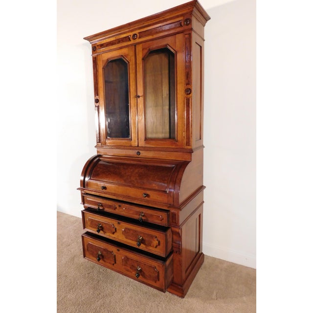 Antique 1880s Victorian Eastlake Burled Walnut Cylinder Secretary Bookcase Desk For Sale - Image 14 of 16