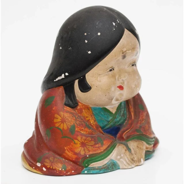 Wood Meiji Era Otafuku Girl Figurine on Wood Stand For Sale - Image 7 of 13
