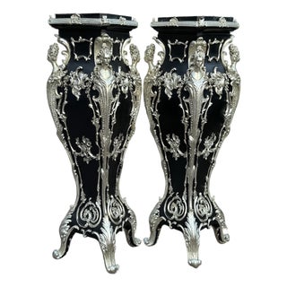 1990s Italian Baroque Black Silver Resin Pedestals 2pc- Pair For Sale