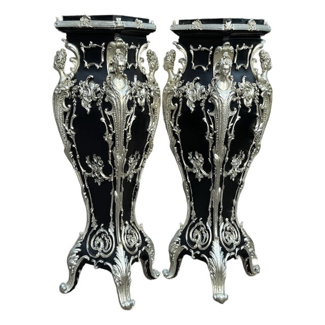 1990s Italian Baroque Black Silver Resin Pedestals 2pc- Pair For Sale