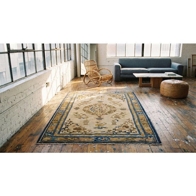 1870s Beige Medallion Floral Antique Chinese Ningxia Rug 5'0" X 8'0" Handknotted Wool Carpet For Sale - Image 9 of 9