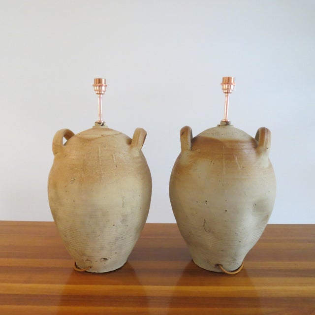 Large Pottery Olive Oil Jar Table Lamps, Set of 2 For Sale - Image 4 of 16