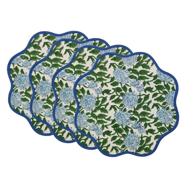 Not Yet Made - Made To Order Handmade Round Scalloped Light Blue and Green Flower Placemats with Blue Piping - Set of 4 For Sale - Image 5 of 5