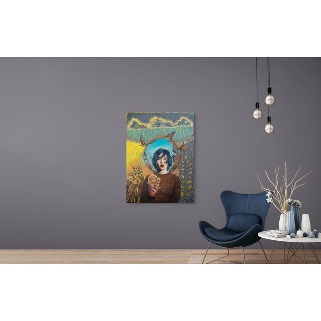 Early 21st Century Eye of the Storm by Andrada Trapnell | Mixed media on board Portrait of a girl with blue hair holding flowers. For Sale - Image 5 of 5
