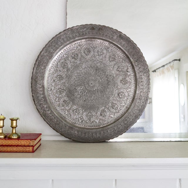 Silver Tin on Copper Hand Engraved Round Ghalamzani Persian Tray For Sale - Image 8 of 11