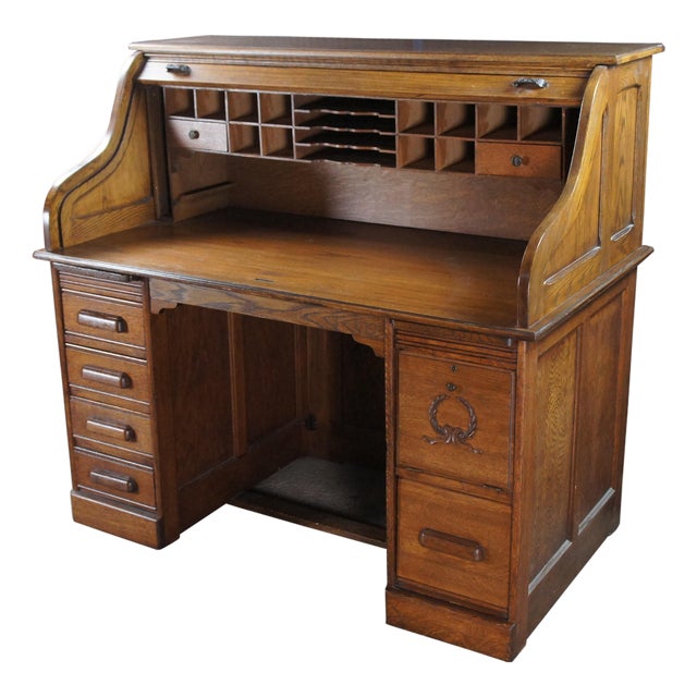Antique Quartersawn Oak Tambour Roll Top Kneehole Secretary Bankers Writing Desk For Sale
