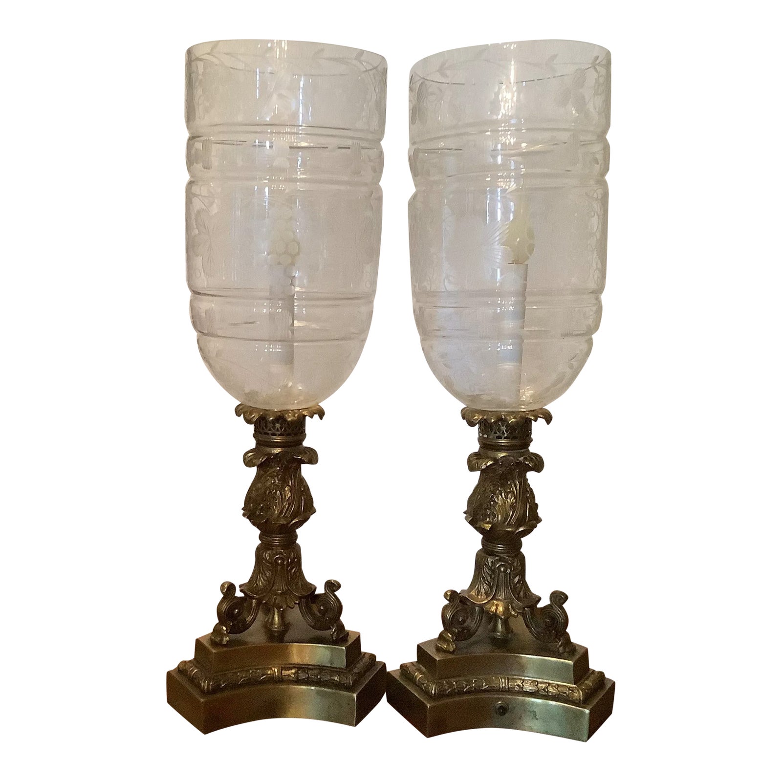 1940s Pair Electric Candle Holder Lamps With Etched Hurricane Chairish