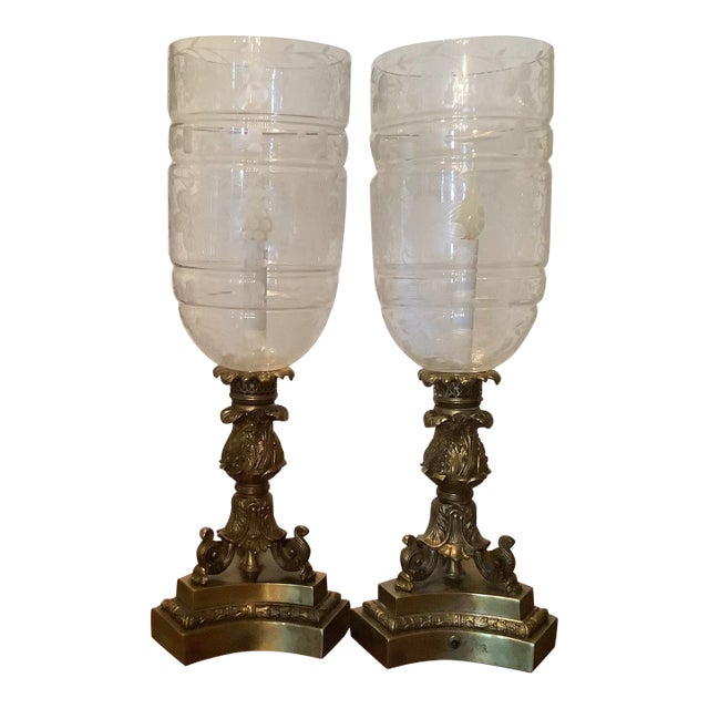 1940s Pair Electric Candle Holder Lamps With Etched Hurricane Chairish