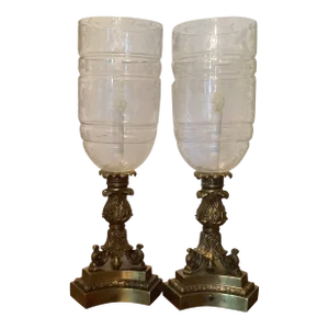1940s Pair Electric Candle Holder Lamps With Etched Hurricane