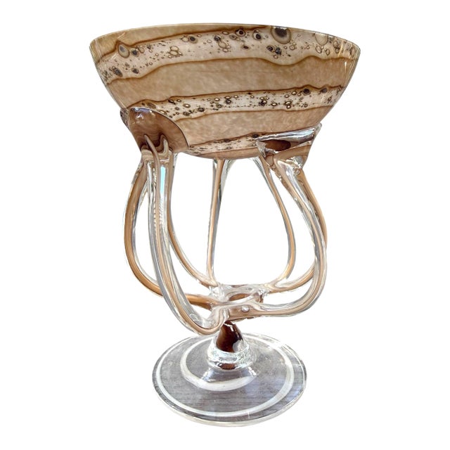 Vintage Jozefina Krosno Octopus Pedestal Art Glass Bowl / Compote For Sale
