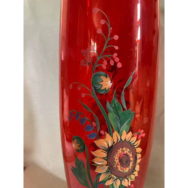 Vintage Norleans Red Hand Painted Cylinder Glass Vase Sunflower Floral Italy 22k Gold Accent For Sale - Image 4 of 13
