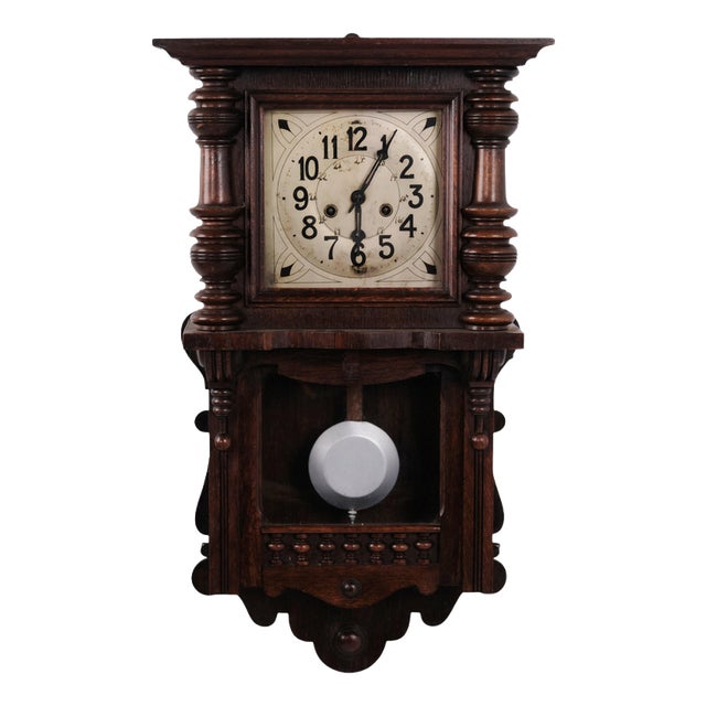 Vintage Oak Wall Clock with Carved Details, 1920s For Sale