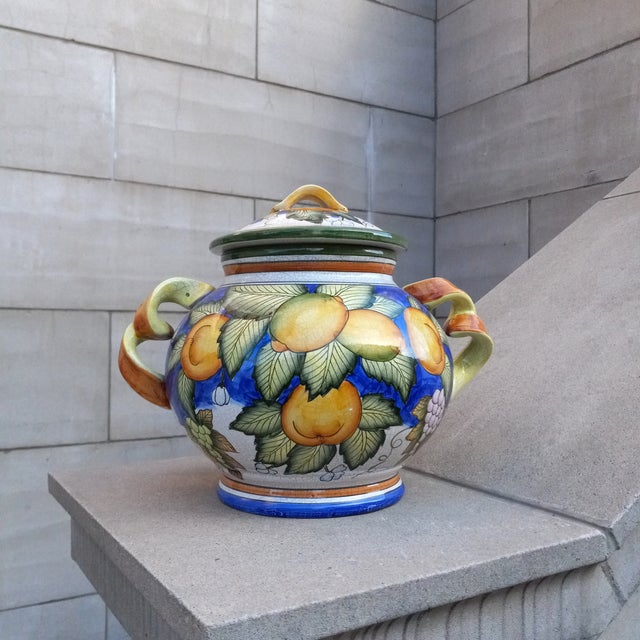 Traditional Vintage Biscotti Jar, Cachi E Limoni Deruta Majolica Lidded For Sale - Image 3 of 15