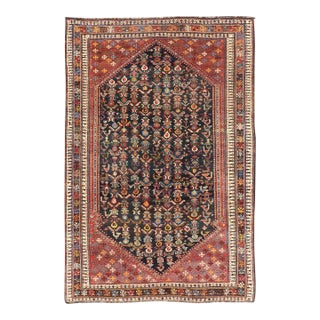 Antique Qashqai Tribal Rug With Medallion in Blue and Red 5'7 X 8'10 For Sale