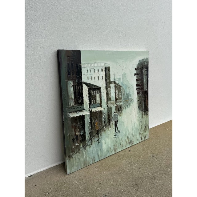 This striking vintage brutalist oil painting is a boldly executed and atmospheric urban street scene of genuine artistic...
