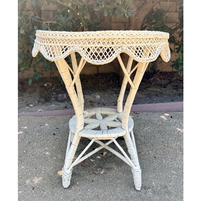 Shabby Chic Vintage White Wicker and Rattan Side Table With Scalloped Skirt For Sale - Image 3 of 15
