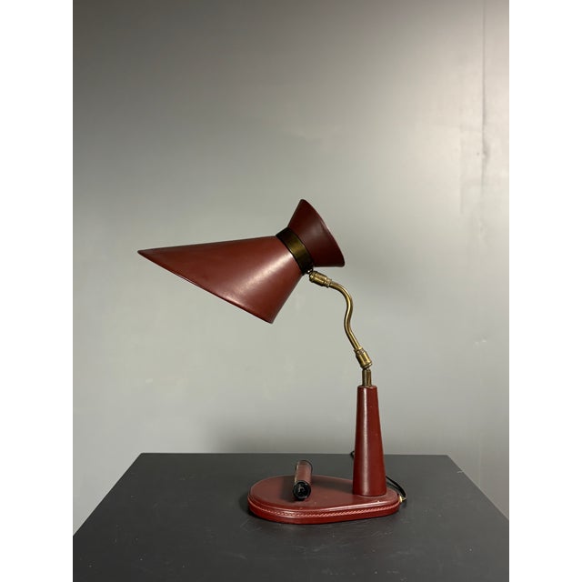 Mid-Century Modern Mid-Century French Red Leather Wrapped Desk Lamp attributed to Jacques Adnet, 1950s For Sale - Image 3 of 18